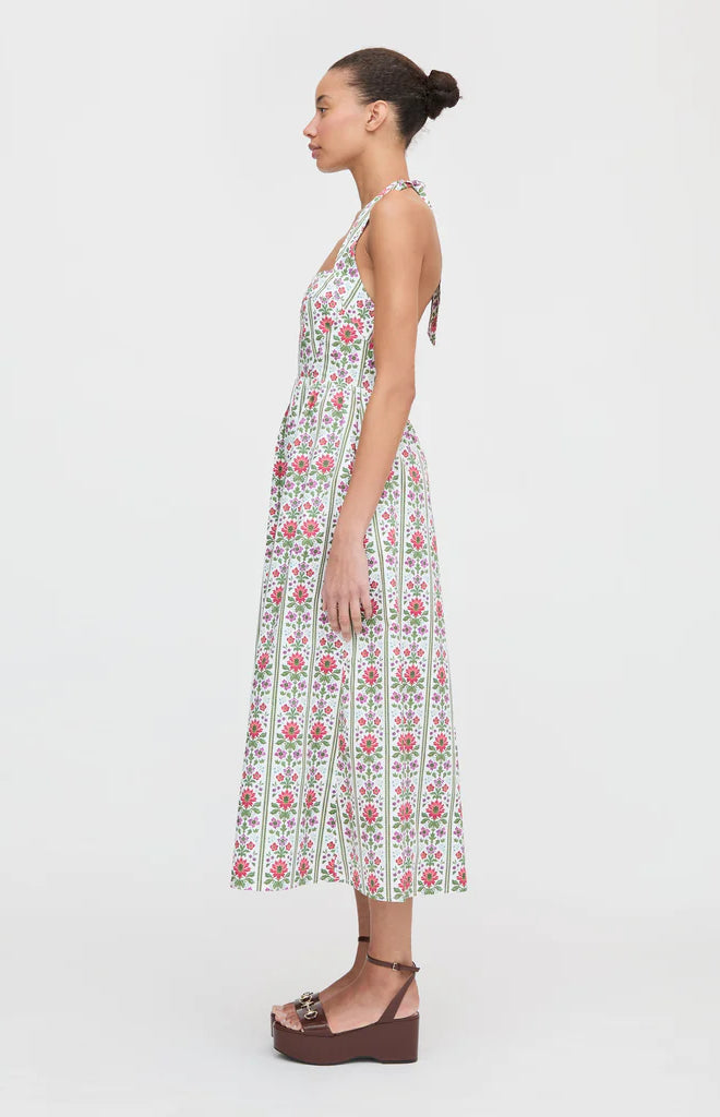 The Fleur Midi Dress in Green Floral Block Stripe