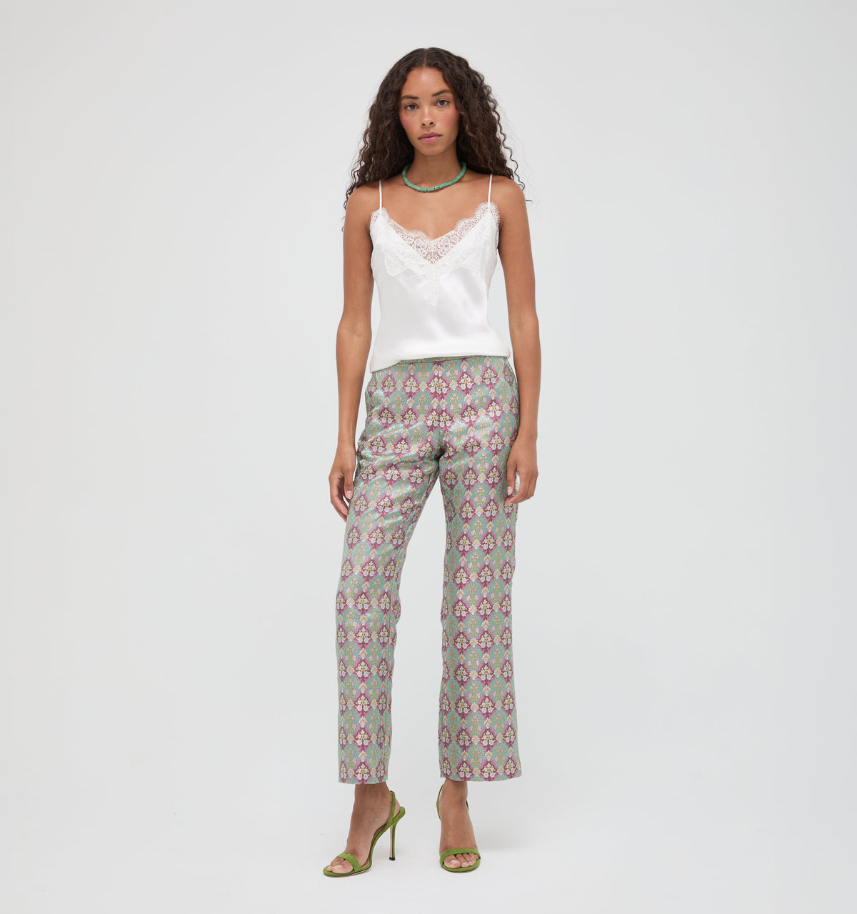 The Annina Pant in Brocade Diamond Block Berry/Green