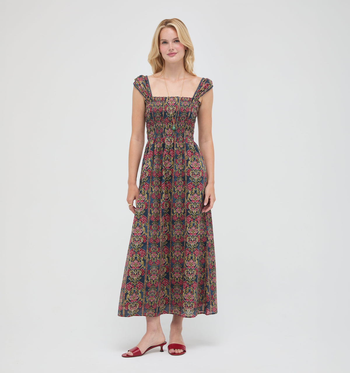 The Harper Nap Dress in Stowell Medallion Stripe Slate Berry