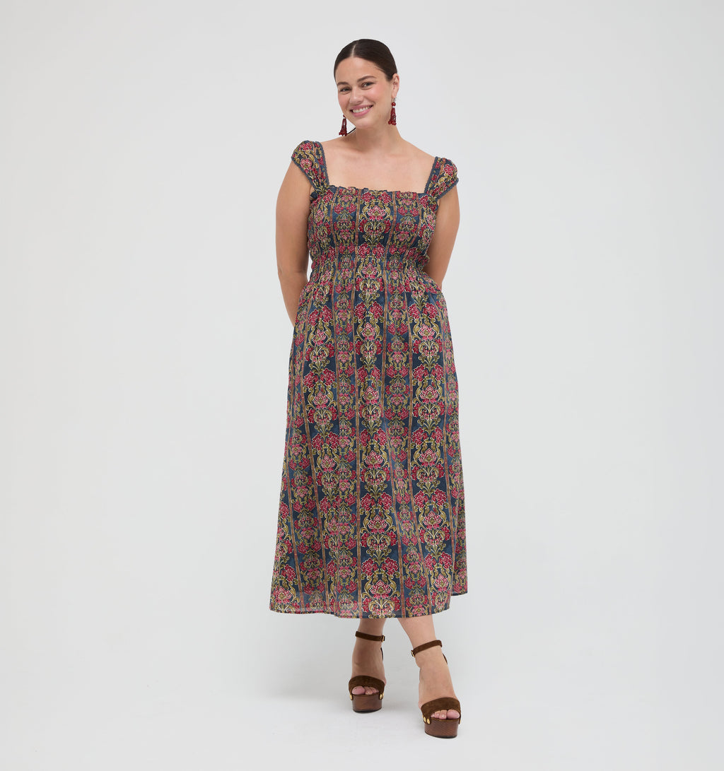 The Harper Nap Dress in Stowell Medallion Stripe Slate Berry
