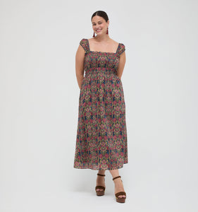 The Harper Nap Dress in Stowell Medallion Stripe Slate Berry