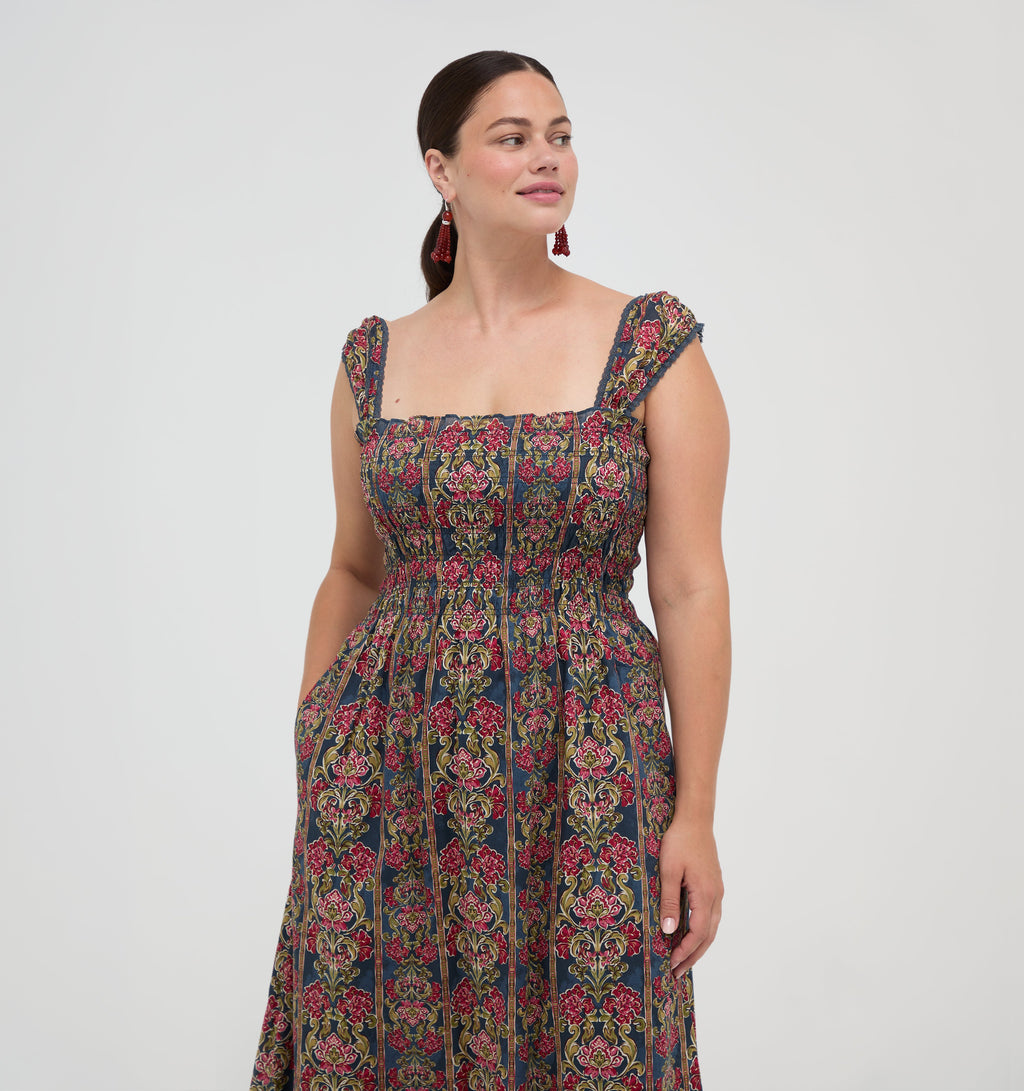 The Harper Nap Dress in Stowell Medallion Stripe Slate Berry