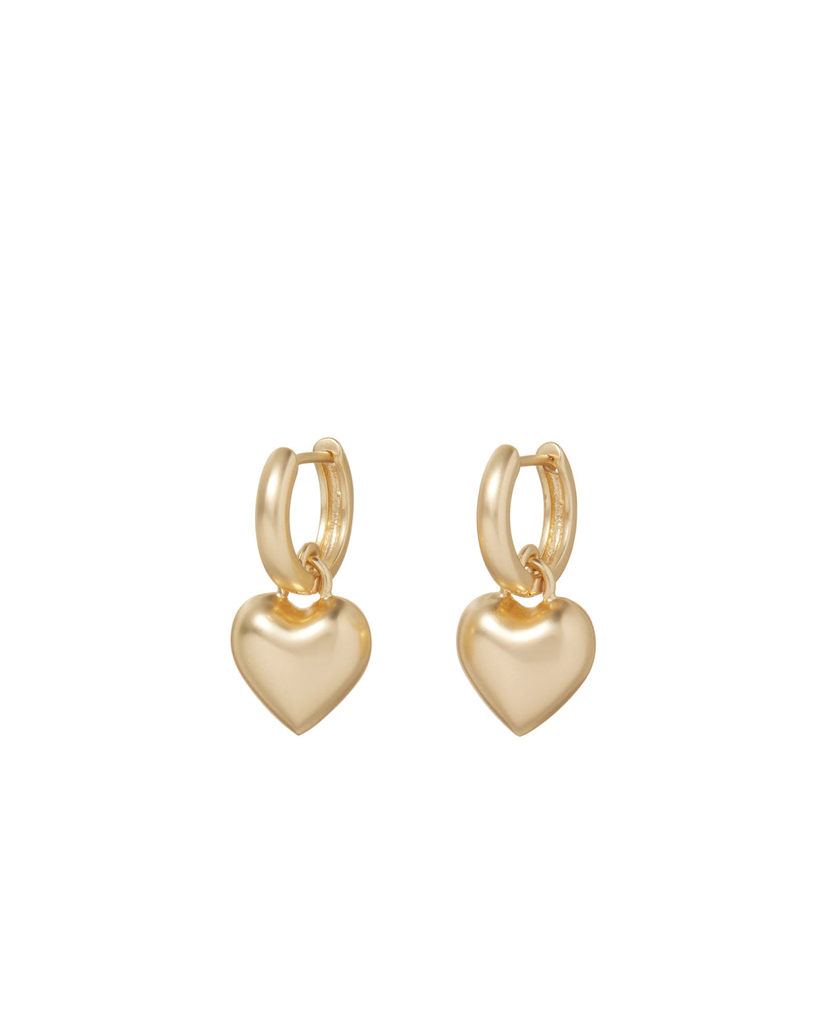 Front view of The Itsy Bitsy Heart Earrings in Gold showcasing gold tone brass mini heart charms on hoops with a white background
