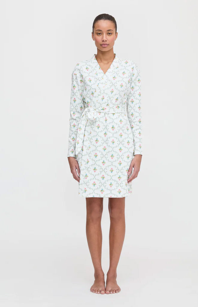 Front view of The Ivory Robe in Pastel Trellis on model showcasing attached tie belt and relaxed knee-length fit on a neutral studio background