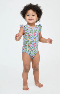 The Jillee Ruffle Onesie in Geranium Stripe