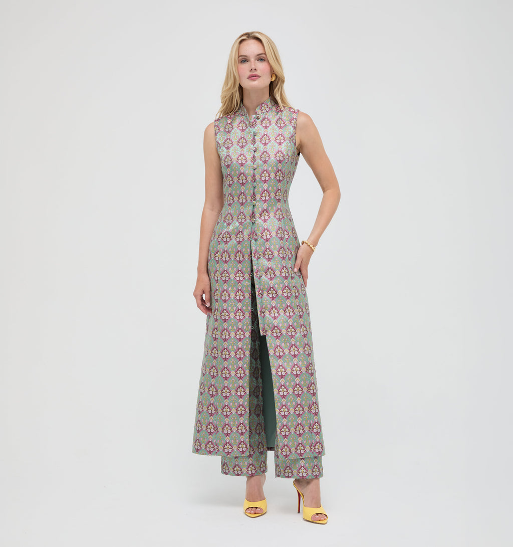 The Annina Pant in Brocade Diamond Block Berry/Green