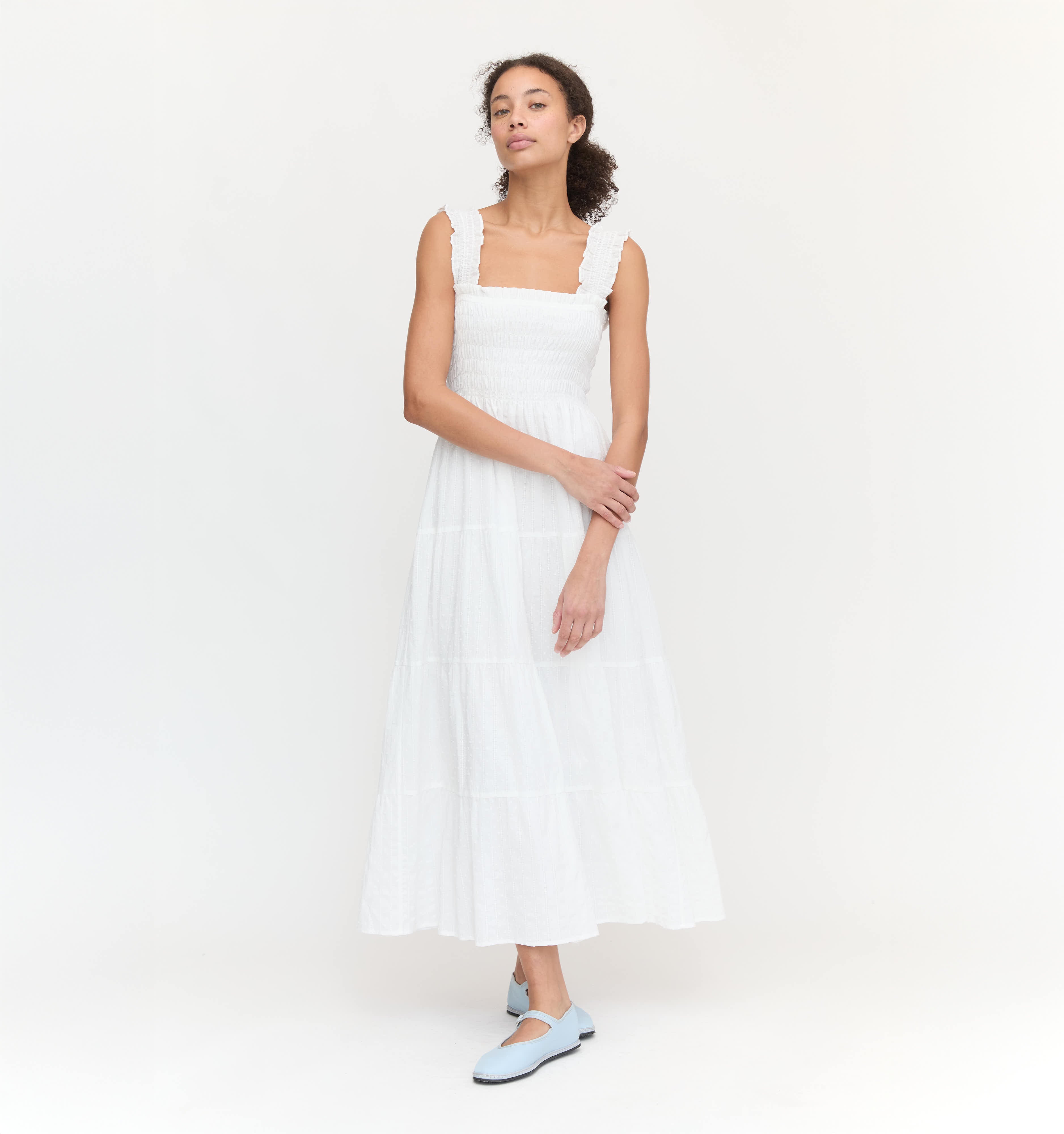 The Kimmy Nap Dress in White Linear Swiss Dot