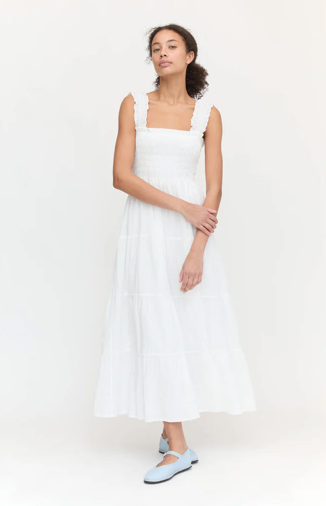 The Kimmy Nap Dress in White Linear Swiss Dot