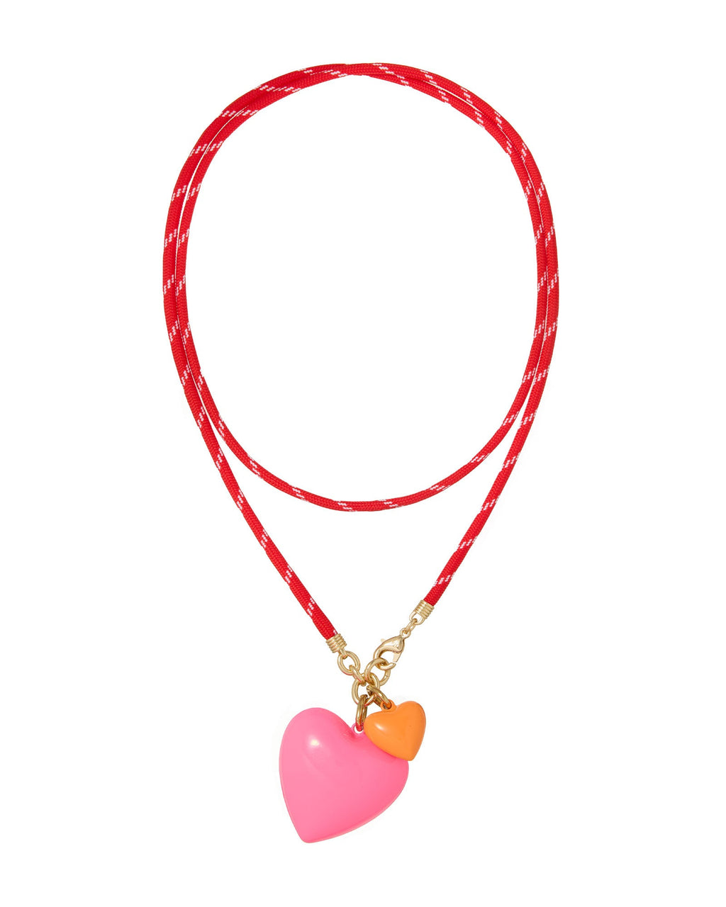 The Happy Cord Long Big Double Heart Necklace in Pink Flamingo