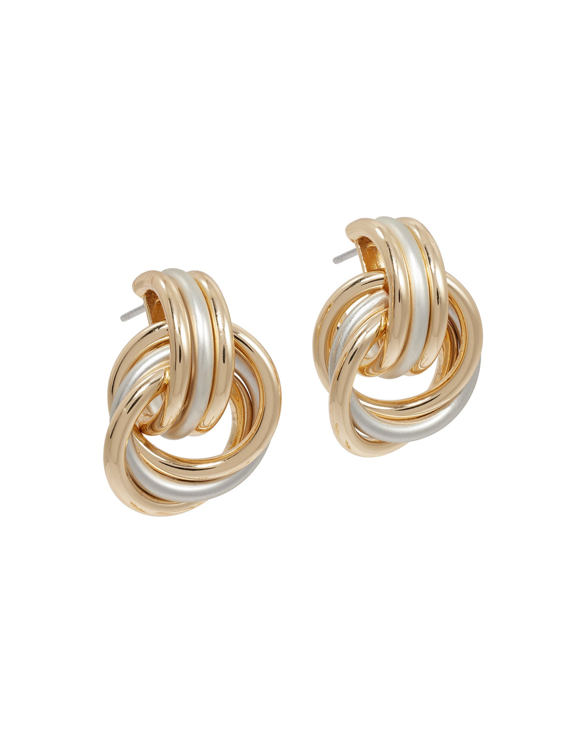 Front view of The Lush Link Earrings showcasing twisted gold and silver tone linked hoops on white background