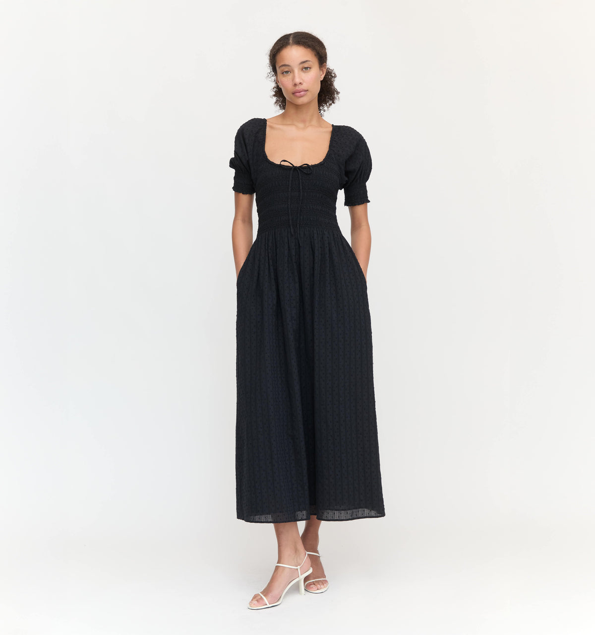 The Madeline Nap Dress in Black Linear Swiss Dot