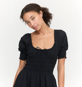 The Madeline Nap Dress in Black Linear Swiss Dot