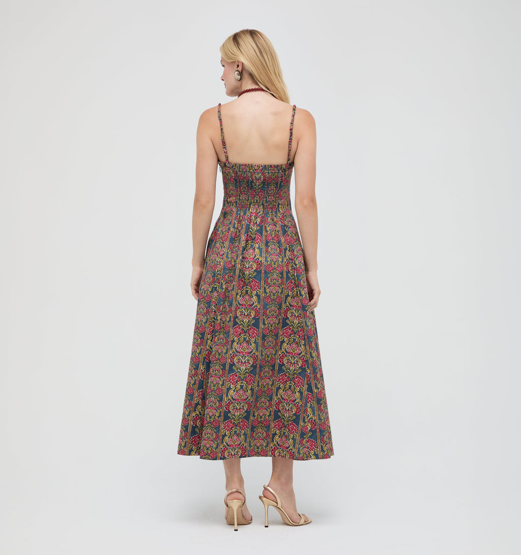 The Maisie Dress in Stowell Medallion Stripe Slate Berry
