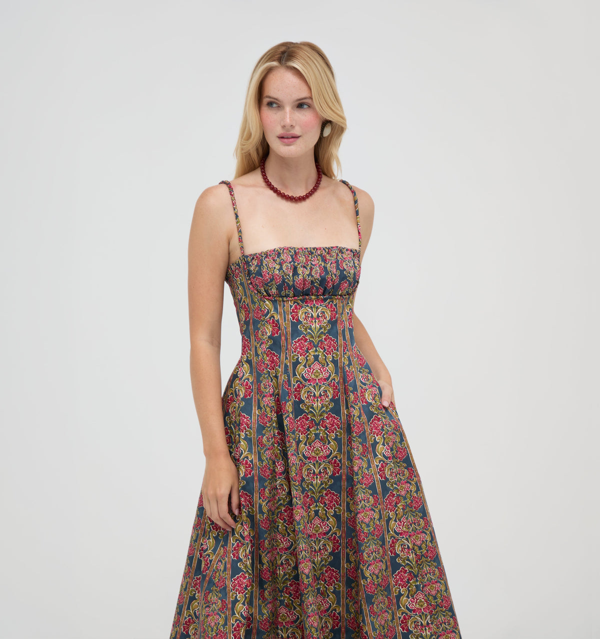 The Maisie Dress in Stowell Medallion Stripe Slate Berry