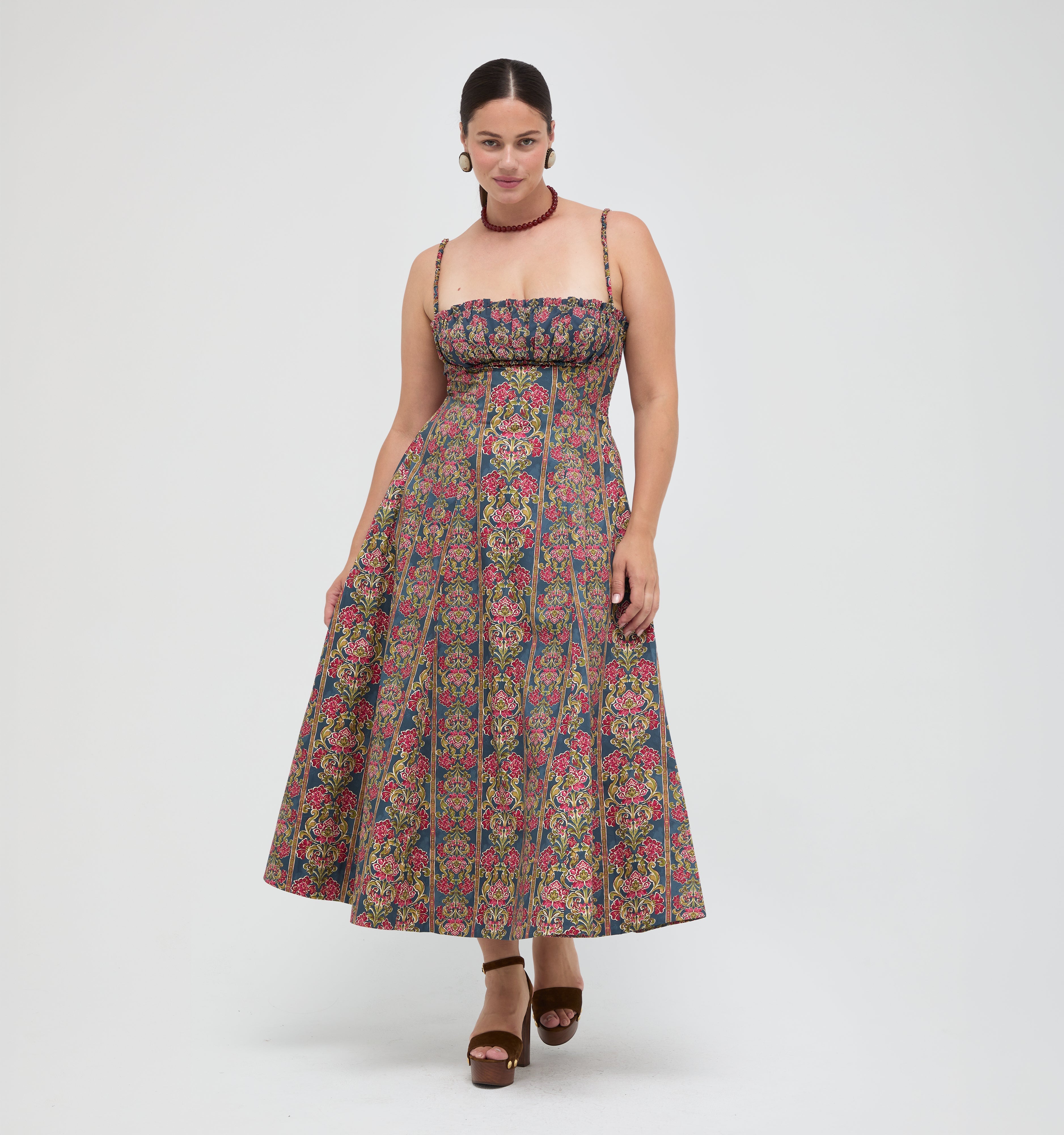 The Maisie Dress in Stowell Medallion Stripe Slate Berry