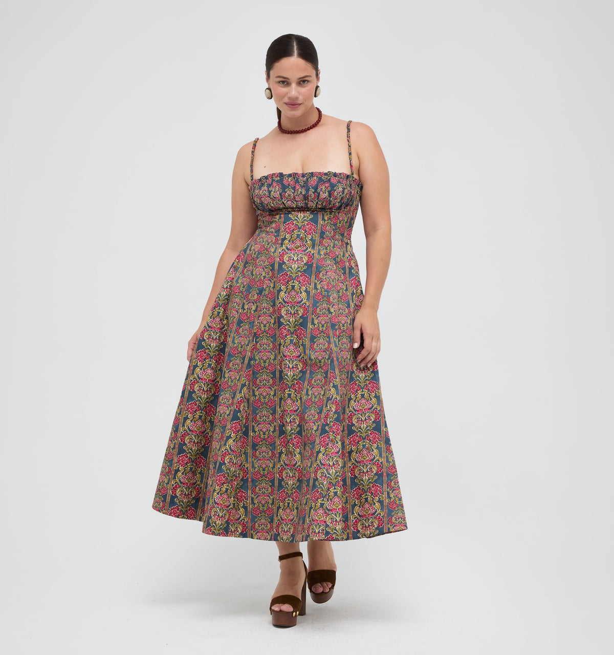 The Maisie Dress in Stowell Medallion Stripe Slate Berry