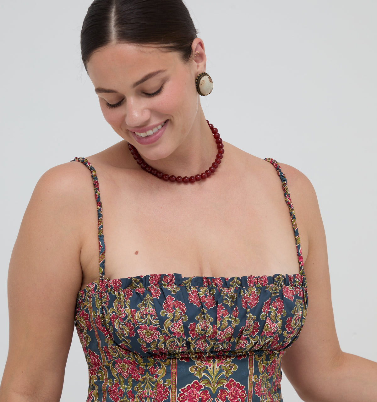 The Maisie Dress in Stowell Medallion Stripe Slate Berry