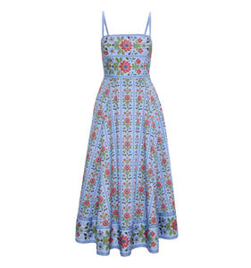 The Margot Dress in Blue Floral Block Stripe