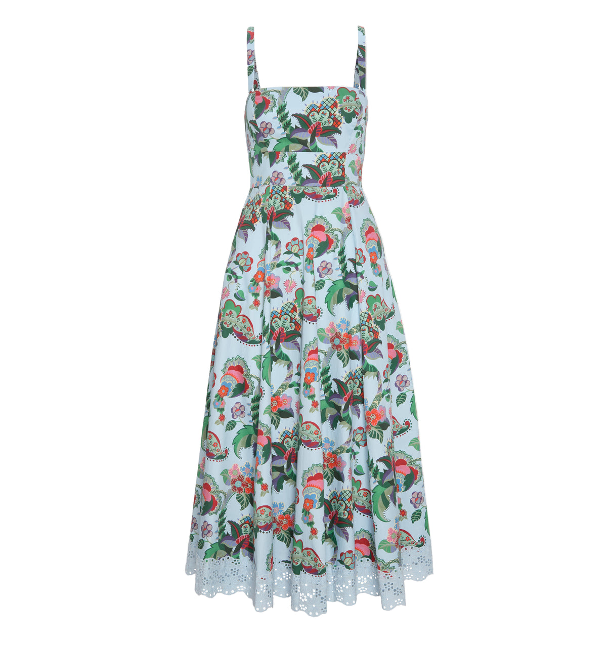 Front view of The Margot Dress in Light Blue Jungle Floral showcasing its square neckline and adjustable straps with a white background