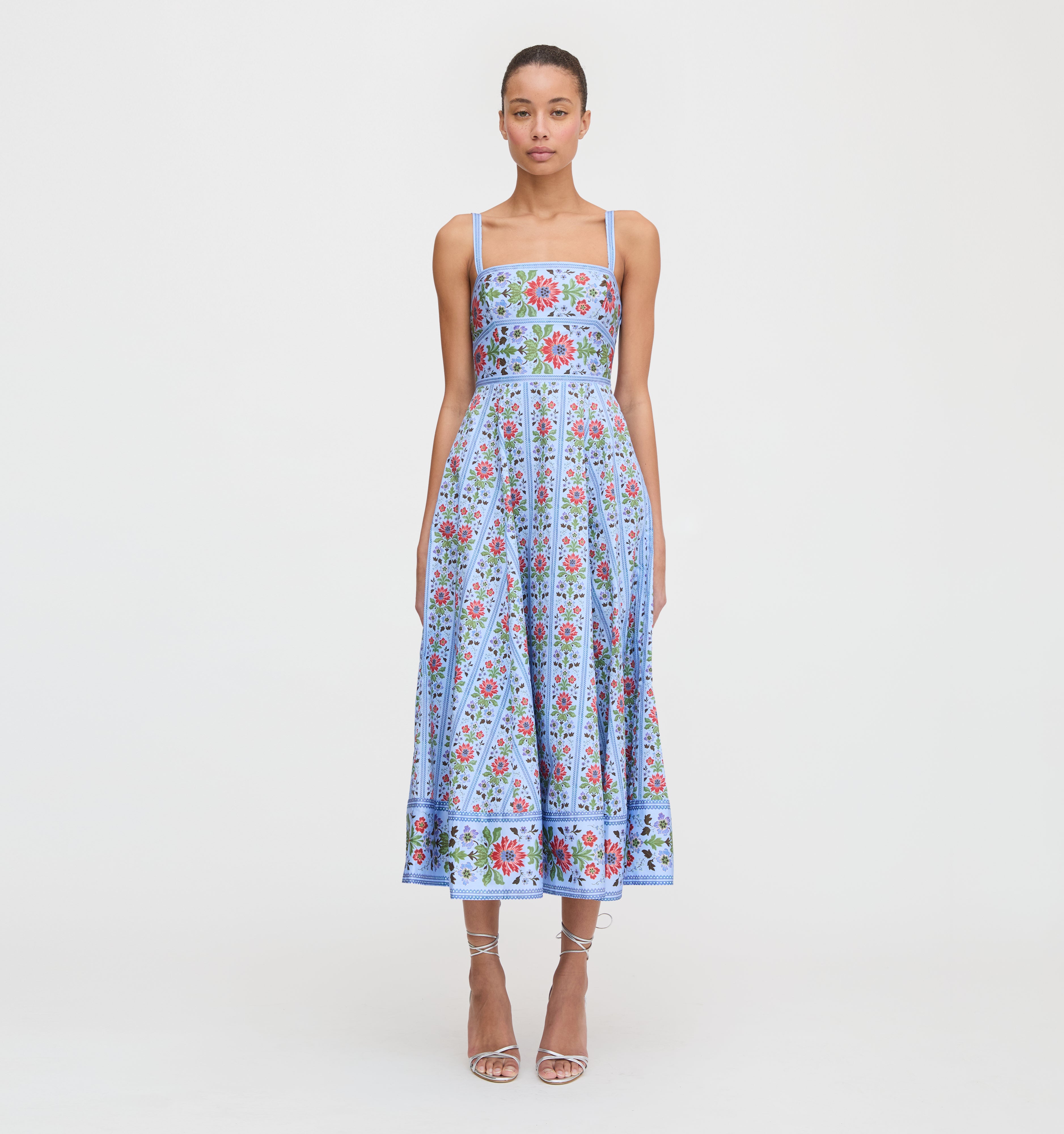 The Margot Dress in Blue Floral Block Stripe