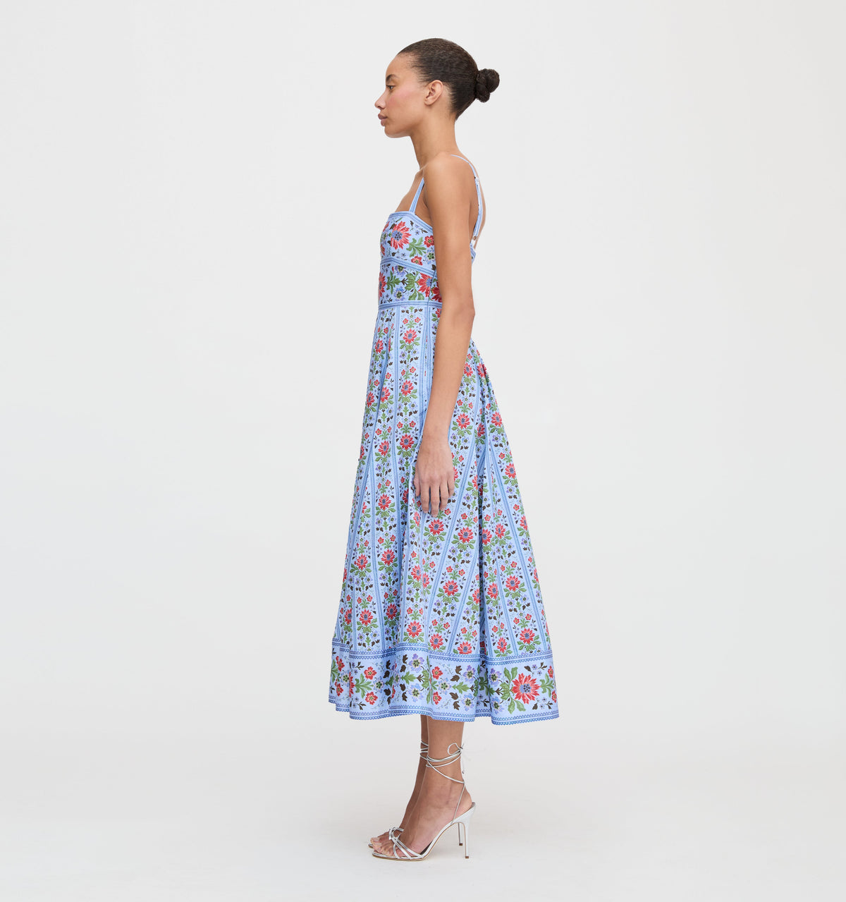 The Margot Dress in Blue Floral Block Stripe