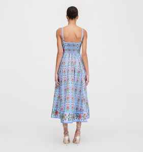 The Margot Dress in Blue Floral Block Stripe