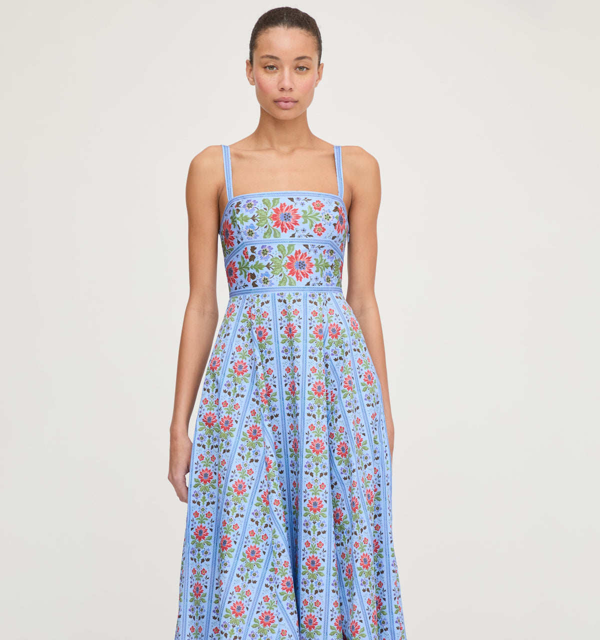 The Margot Dress in Blue Floral Block Stripe
