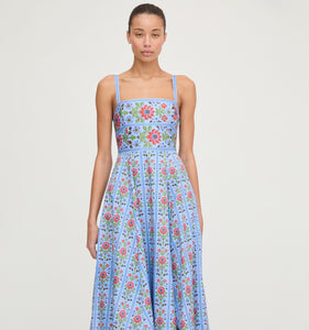 The Margot Dress in Blue Floral Block Stripe