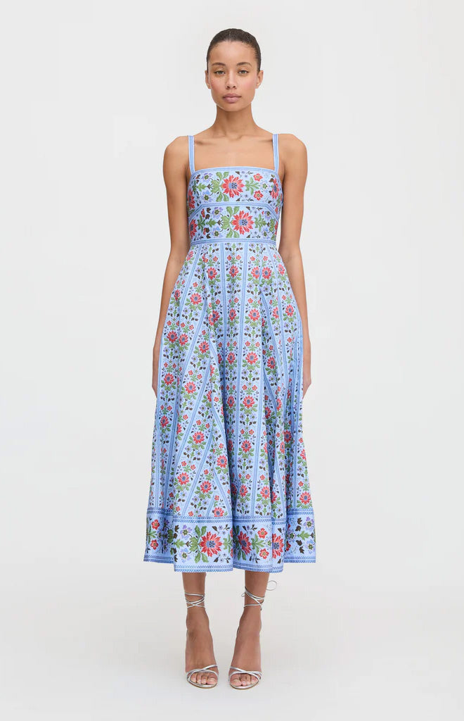The Margot Dress in Blue Floral Block Stripe