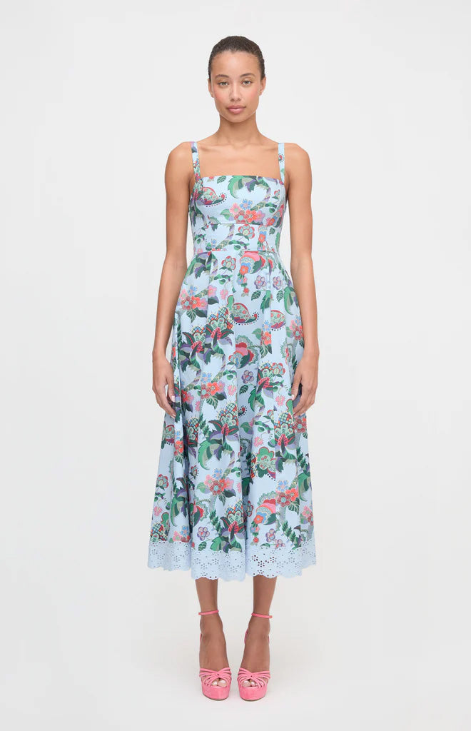 Front view of Margot Dress in Light Blue Jungle Floral showing square neckline and fit-and-flare shape on gray background