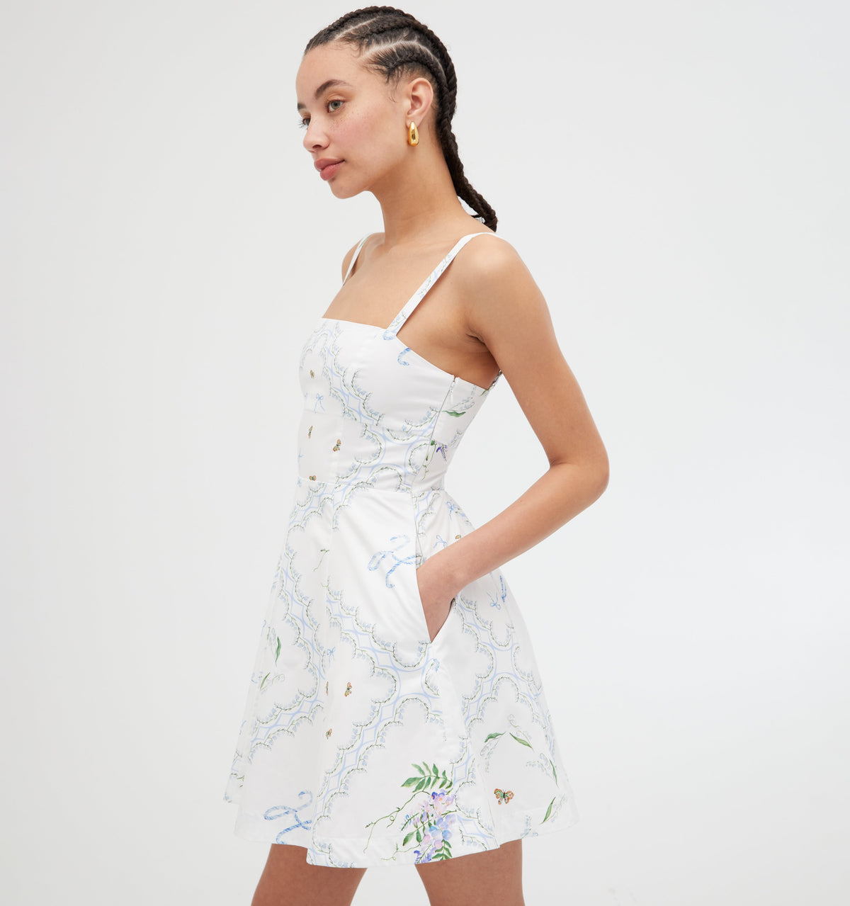 The Margot Mini Dress in White Floral Patchwork