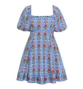 The Matilda Mini Dress in Blue Floral Block Stripe