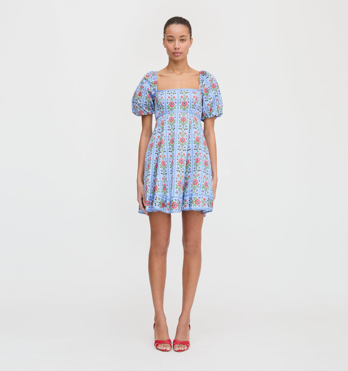 The Matilda Mini Dress in Blue Floral Block Stripe