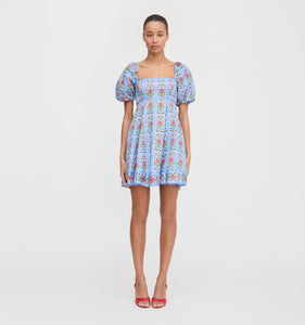 The Matilda Mini Dress in Blue Floral Block Stripe