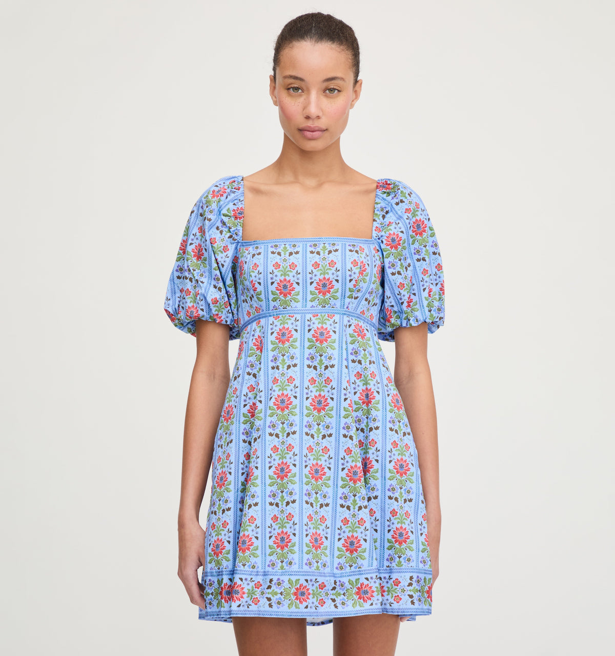 The Matilda Mini Dress in Blue Floral Block Stripe