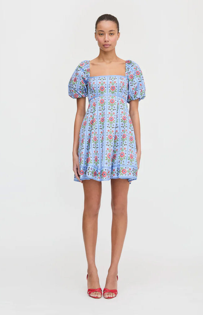 The Matilda Mini Dress in Blue Floral Block Stripe