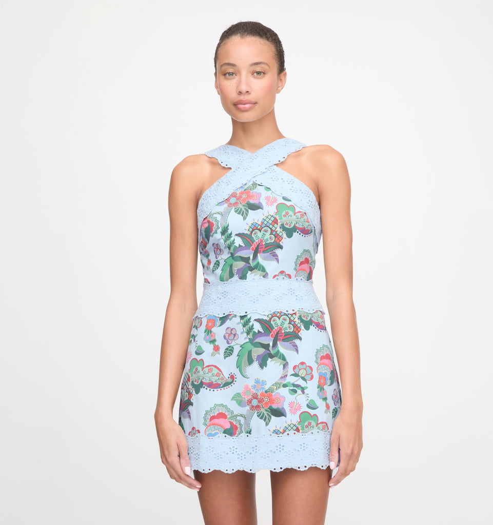 The Meagan Dress in Light Blue Jungle Floral