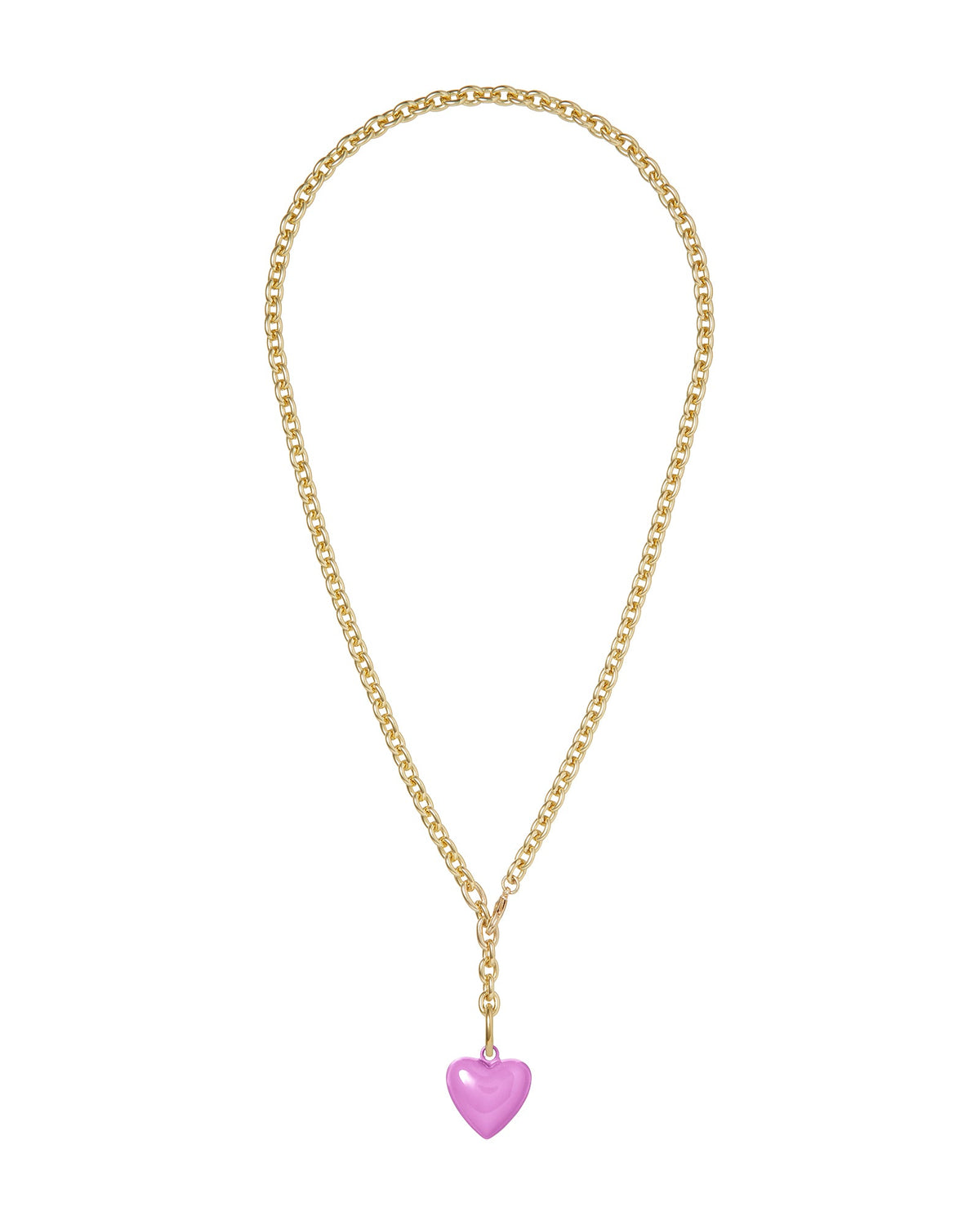 Front view of The Mini Puffy Heart Necklace in Lilac showcasing its gold tone brass chain and warm purple enamel heart pendant on a white background