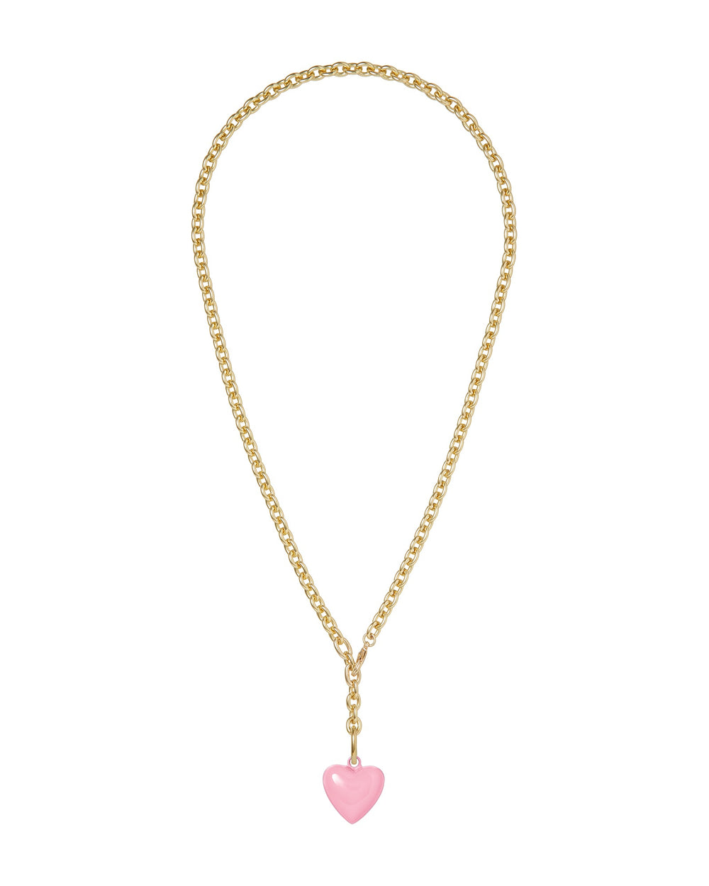 Front view of The Mini Puffy Heart Necklace in Pink showcasing its gold tone brass chain and enamel heart pendant on a white background
