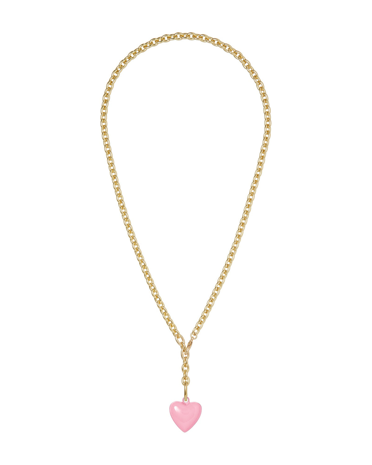 Front view of The Mini Puffy Heart Necklace in Pink showcasing its gold tone brass chain and enamel heart pendant on a white background