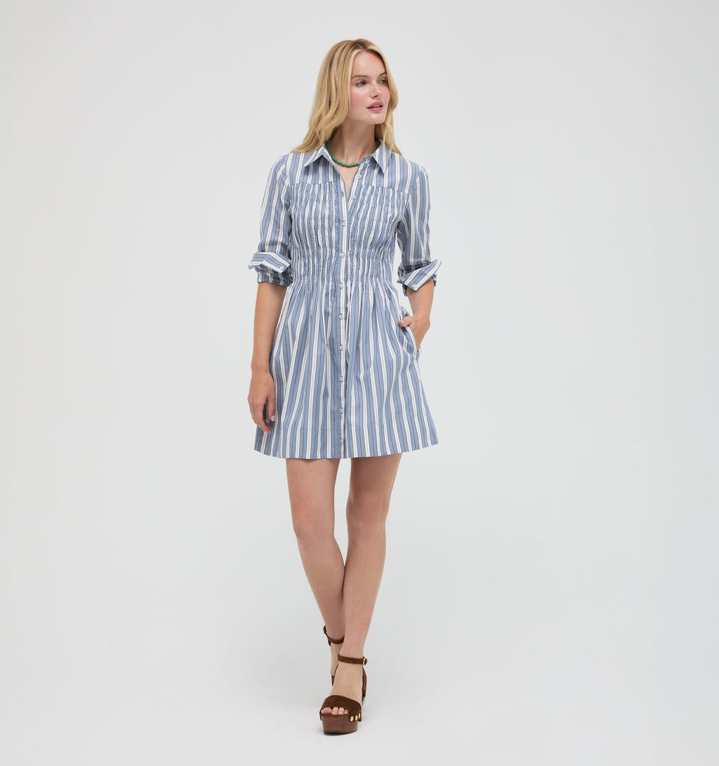 The Mira Dress in Coln Ticking Stripe Dusty Blue