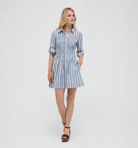 The Mira Dress in Coln Ticking Stripe Dusty Blue