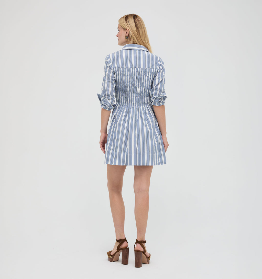 The Mira Dress in Coln Ticking Stripe Dusty Blue