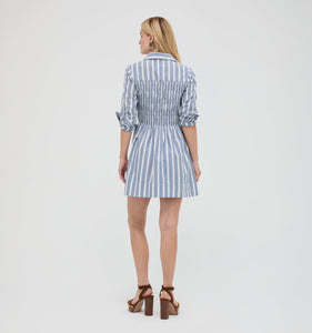 The Mira Dress in Coln Ticking Stripe Dusty Blue