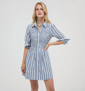 The Mira Dress in Coln Ticking Stripe Dusty Blue