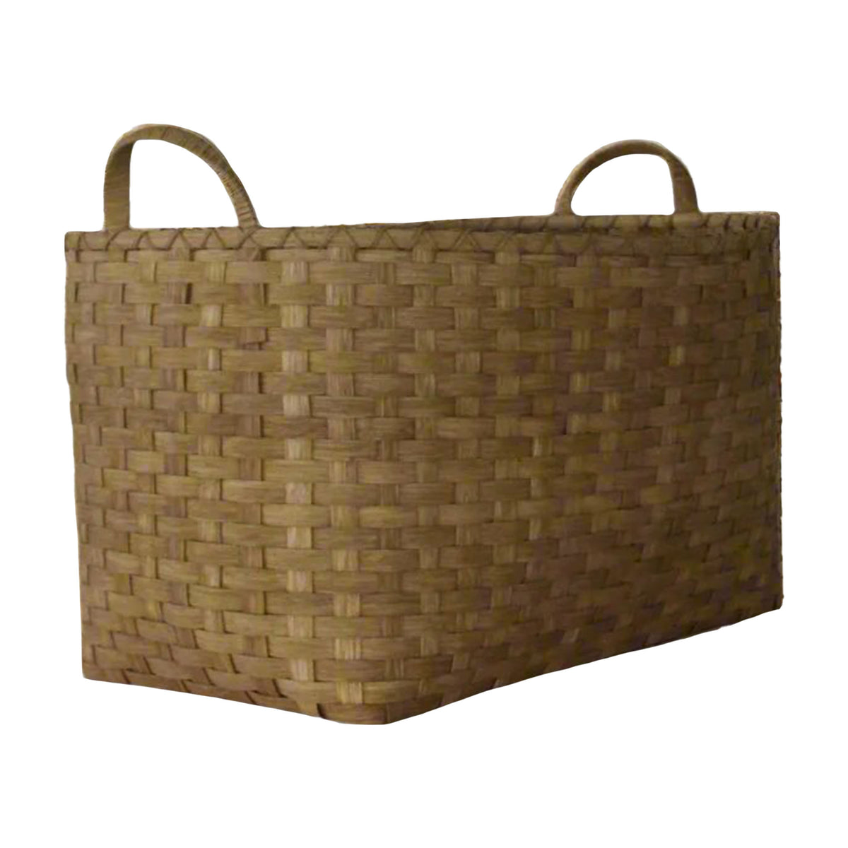 Three-quarter view of New Gloucester basket showcasing natural woven seagrass texture and two loop handles on white background