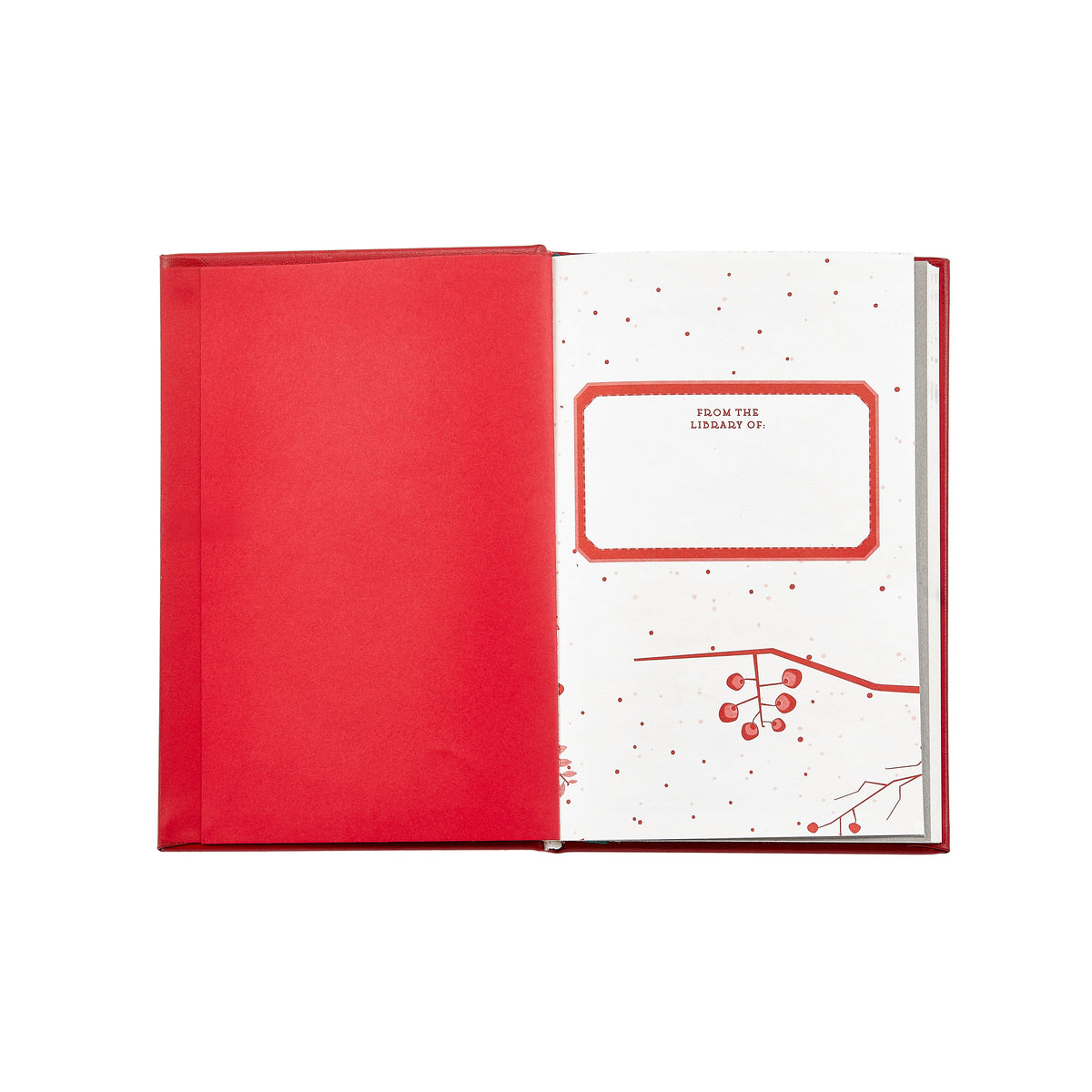 Top view of The Nutcracker red leather hardcover showing red inner cover and bookplate reading From the Library Of