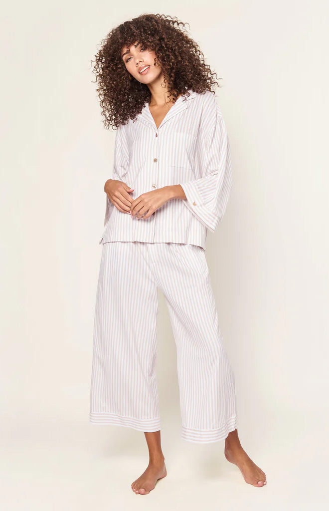 The Olivia Wide Leg Pima Pajama Set in Camel Ticking
