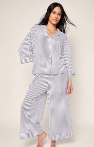 The Olivia Wide Leg Pima Pajama Set in Navy French Ticking