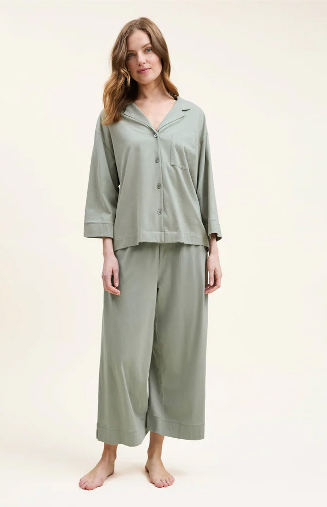 The Olivia Wide Leg Pima Pajama Set in Sage